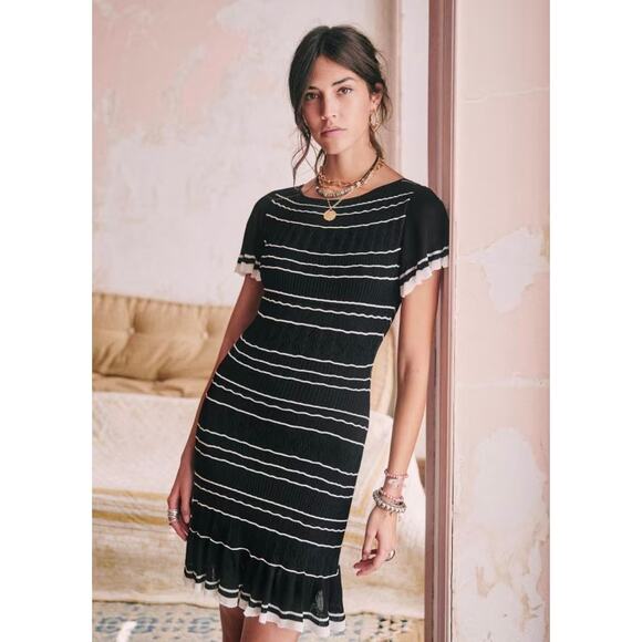Sezane Black and White Striped Midi Dress - Picture 1 of 16